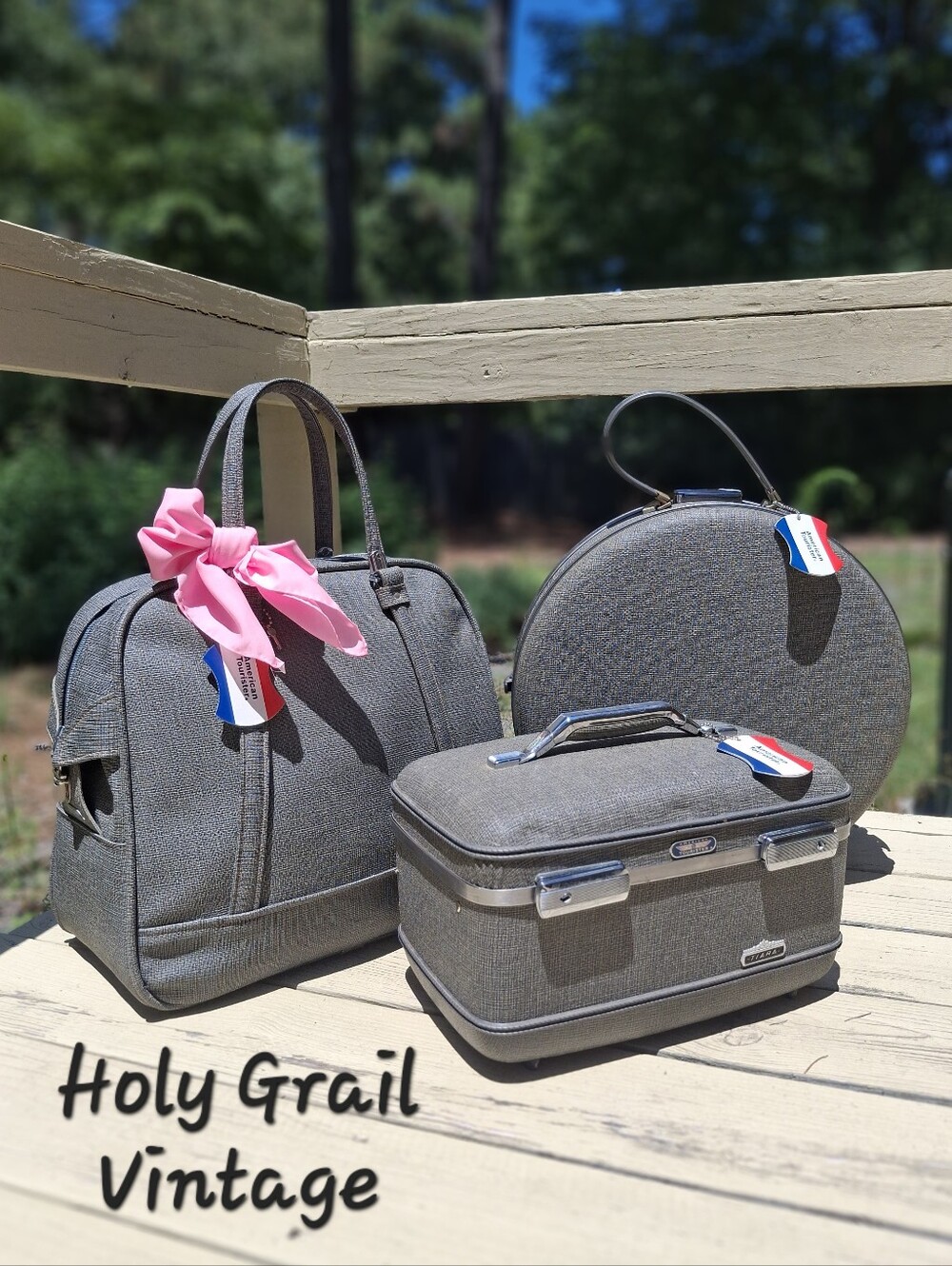 VTG 1960's American Tourister Set Grey Tweed Tiara Carry-On Hat Box & Train Case